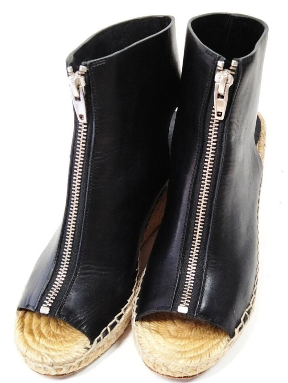 Celine Black Leather Calf Peep-Toe Espadrille Mule with Front Zipper
